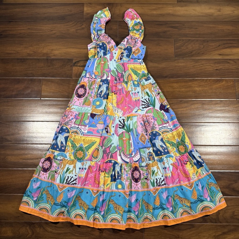 J.Marie Women's Size XS Zodiac Print Sloan Ruffle Strap‎ Tiered Midi Dress